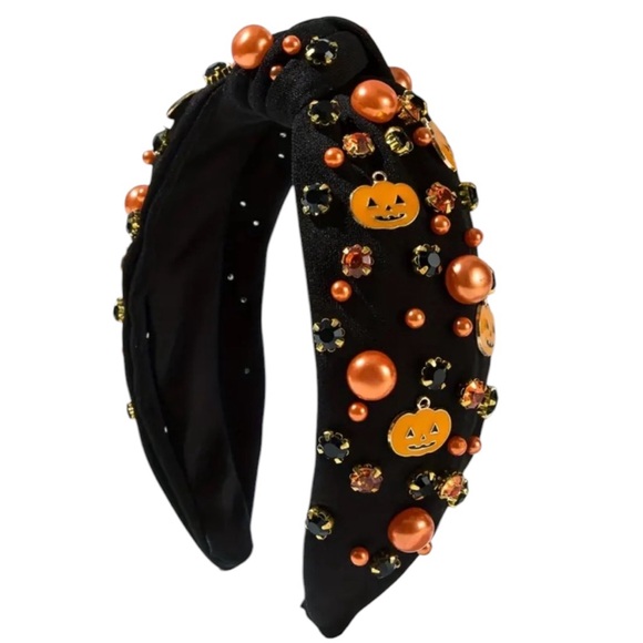Accessories - Black Halloween Knotted Faux Pearl and Rhinestone Charm Headband